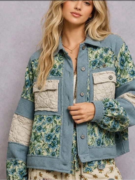 POL Tops - 149. POL Quilted Floral Patchwork Jacket in Blue and Cream